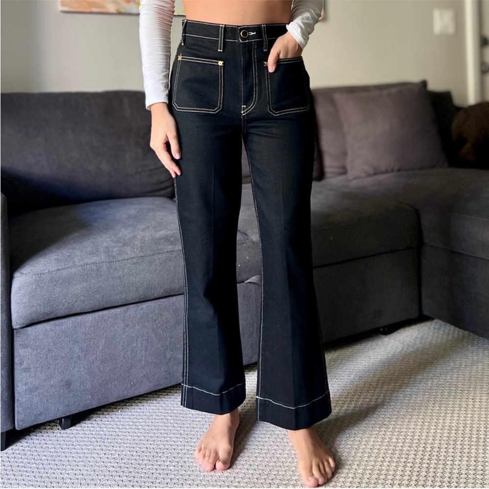 Khaite Raquel Black Flare Jeans Women’s Size 30 White Topstitch Patch Pocket‎